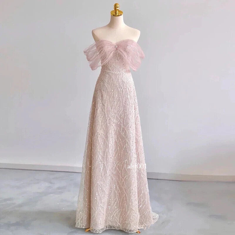 French Style Womens Off Shoulder Mesh Wedding Evening Party Sequins Long Dresses