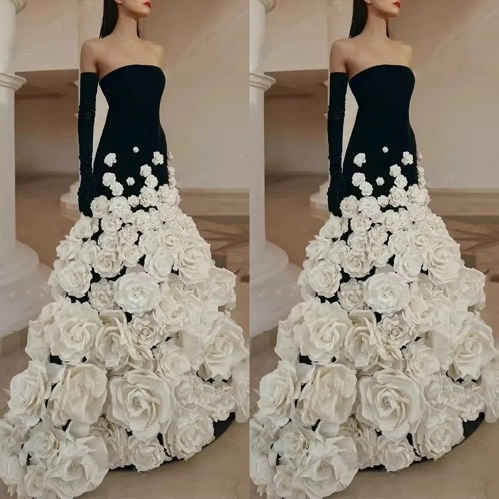 Elegant 3D Flowers Long Evening Dress for Women Strapless Floor-Length Prom Gown